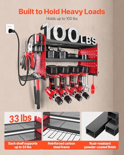 VEVOR Power Tool Organizer with Charging Station, 3-Layer Drill Storage Rack with 4 Drill Holders & Side Pegboard, Garage Tool Organizer Built in 8 Outlet Power Strips for Garage, Workbench, Workshop - size: 3-Layer 4 Drill