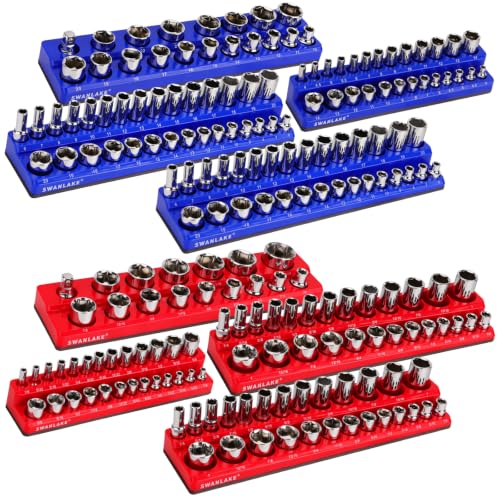 8-Piece Magnetic Socket Organizer Set, SAE & Metric Socket Holders for 1/4", 3/8", 1/2" Drive, Holds 199 Sockets, Rubber-Coated Toolbox Storage Trays, Blue and Red Tool Box Organizer - style: 8PCS Red/Blue