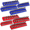8-Piece Magnetic Socket Organizer Set, SAE & Metric Socket Holders for 1/4", 3/8", 1/2" Drive, Holds 199 Sockets, Rubber-Coated Toolbox Storage Trays, Blue and Red Tool Box Organizer - style: 8PCS Red/Blue