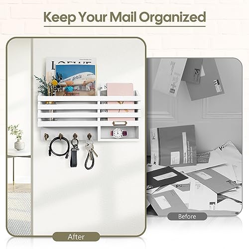 FifthQuarter Mail Holder Wall Mount with 2 Mail Slot and 4 Sturdy Hooks - color: C-White