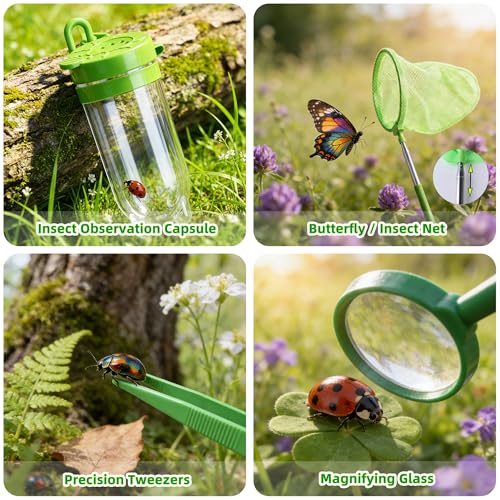 Kids Gardening Tools and Bug Catcher Kit with Wheelbarrow Sets, Ages 2 3+ | Shovel, Rake, Bug Catcher Kit, Summer Outdoor Yard Digging Weed Tools, Easter Birthday Gift for Boys Girls, Green - color: Green-18pcs