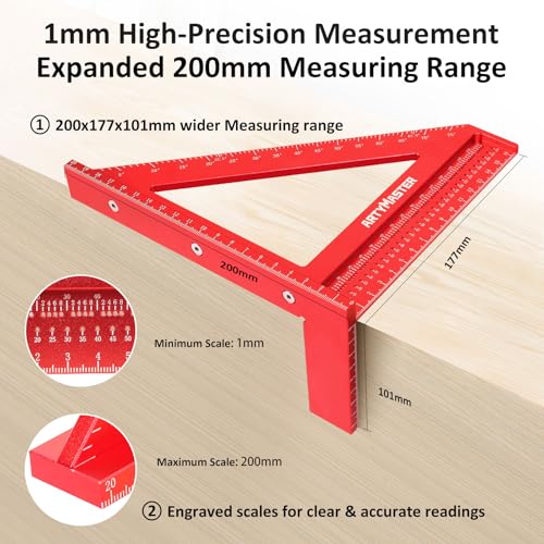 200mm 3D Multi-Angle Measuring Square Ruler, WT103D High Precision Hole Scribing Woodworking Tools, 0-90° Aluminum Alloy Carpenter Square Wood Working Tools, Carpenter Pencils 6 Refills. - color: 200mm Square+Pencil, style: Metric