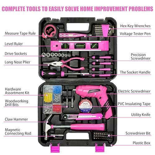 Pink Toolbox Essentials for Women Girls Starter DIY Drilling Kit with Cordless Power Tools, Electric Drill, Hammer, Screwdriver Sets, Mini Hand Tools, and Combo Bits for Home Repair Household Gift