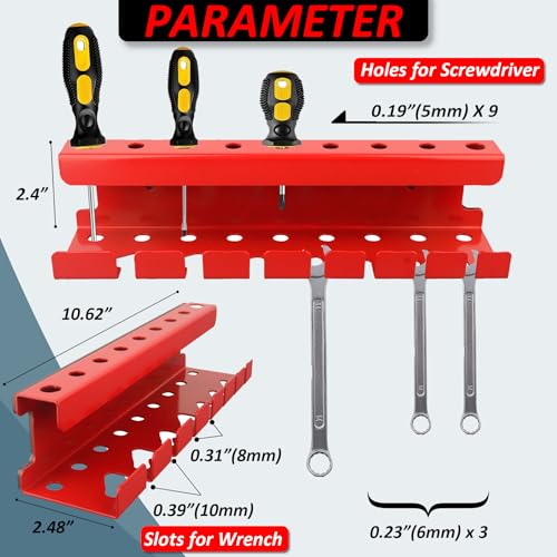 MUTUACTOR Magnetic Wrench Holder Heavy Duty,Anti-scratch Magnetic Mount Screwdriver Holders, 2 Layers Wrench Screw Drivers Holder for Work Bench Toolbox Tool Cart,1PCS,Red,9 Holes and 7 Slots - style: Red Screwdrivers Wrench Holder