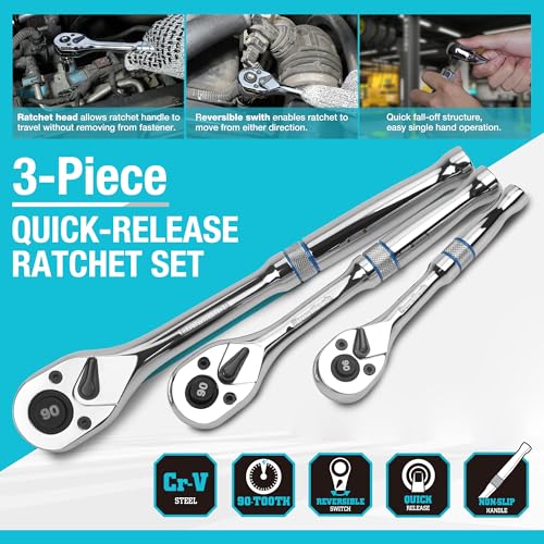 DURATECH 3-Piece Drive Ratchet, 90-Tooth Quick-Release Ratchet Wrench - size: Combo Kit (Plastic Tray)