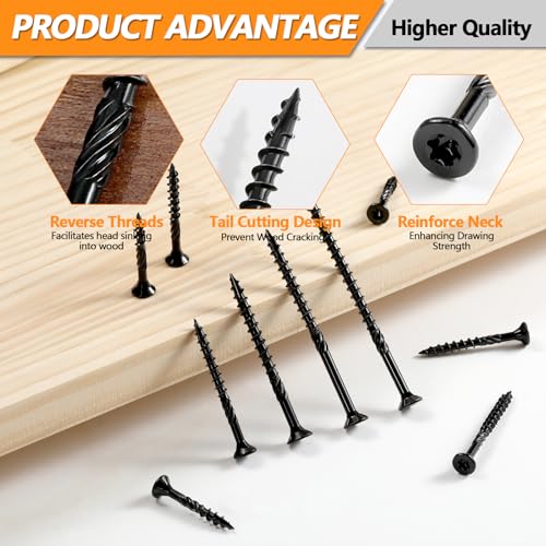 #8#10 Wood Screws Kit, 6 Sizes (1-1/4", 1-5/8", 2", 2-1/2", 3", 3-1/2") - color: Black