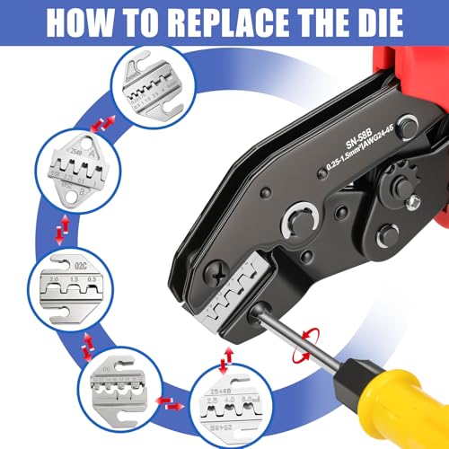 6PCS Crimping Tool Set - Amliber Ratcheting Wire Crimper for Heat Shrink/Insulated Nylon, Non-Insulated, Dupont, Open Barrel Terminals, Wire Ferrules, Solar Connectors, Case Included