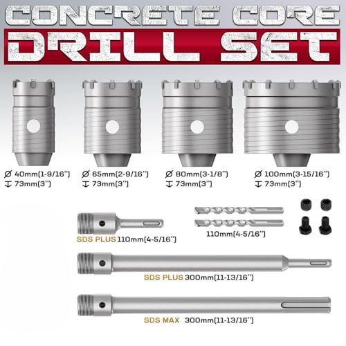 DAIMIT 9PCS Concrete Hole Saw Kits with 2 Drill Bits and SDS Plus & Max Shank, Hole Saw Tool Set for Concrete Cement Brick Stone Wall Drilling, Kit Size 65 80 100MM - size: 65 80 100MM