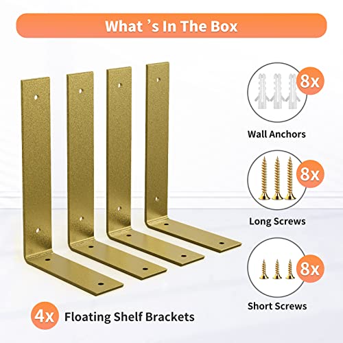 Gold Heavy Duty Shelf Brackets 8 Inch, Extra Thick L Shelving Brackets, Rustic Gold Iron Floating Shelves Wall Mounted with Hardware for DIY Open Shelving, 4 Pack - color: Gold, size: 8 Inch