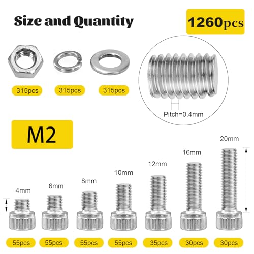 1260PCS M2 Socket Head Screws Assortment Kit, M2x4/6/8/10/12/16/20 mm - size: SS M2 1260pcs