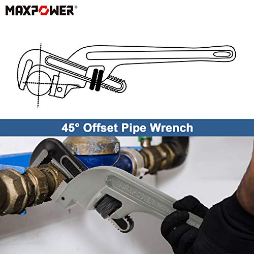 MAXPOWER 18-inch Pipe Wrench, 45 Degree Angled Cr-Mo Jaw, 2.36” Opening - size: 18-inch, style: Offset Pipe Wrench