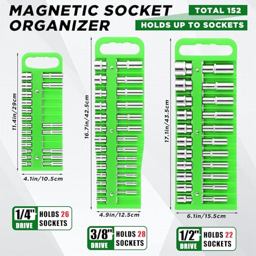 6 Pcs Magnetic Socket Organizer Holder Case Rail Rack for 1/2'', 3/8 '', 1/4'' Drive, Securely Holds 152 Sockets (Black,Green) - color: Black,Green