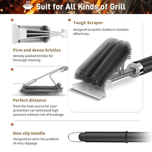 TNTOR Grill Brush with Scraper, 18" Adjustable Handle BBQ Grill Brush for Outdoor Grill, Extra Strong Grill Cleaner Accessories for Grill/Smoker/Gas/Charcoal Grill Cleaning-Grill Gifts for Men/Dad