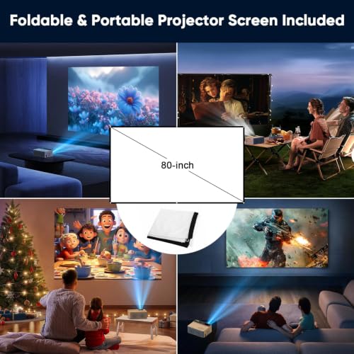 TMY 1080P Mini Portable Projector, 2-way Bluetooth, with 80in Screen