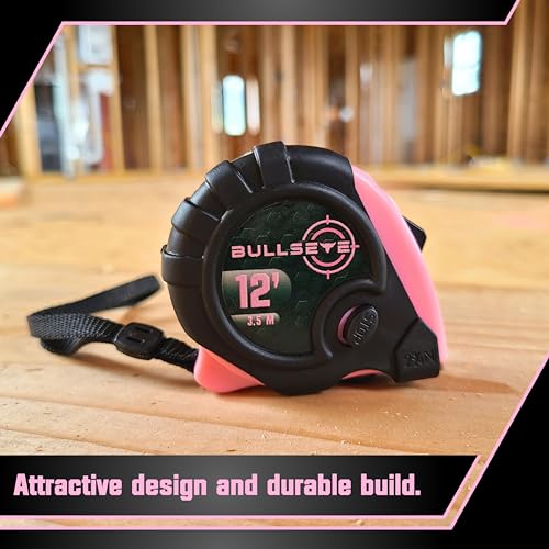 Bullseye Tape Measure 12 Foot | Pink | Small, Retractable Measuring Tape with Pause Buttons | Easy-to-Read Standard and Metric Measurements for Adults and Kids | Inches and Centimeters - color: Pink