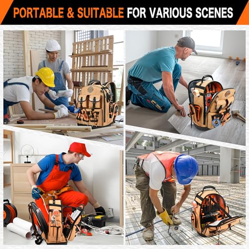 LOKASS Tool Backpack Heavy Duty, 18.5 in, 56 Pockets, Molded Bottom, Brown - color: Brown