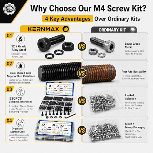 520PCS M4 Screws Assortment Kit, M4x6/8/10/12/16/20/25/30mm Hex Socket Head Cap Bolts, Nuts & Washers Set, 12.9 Grade Alloy Steel Black Oxide M4 Machine Screws for 3D Printer, DIY - size: M4 520pcs