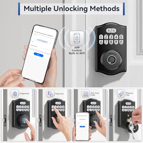 Ulecoce Y58 Deadbolt Smart Lock with Built-in WiFi, 5-in-1 Keyless Entry Fingerprint Door Lock for Front Door, App Control, Auto Lock, 15-Min DIY Install, IP54 Waterproof, Matte Black
