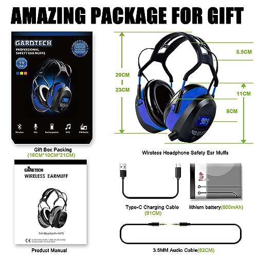 Gardtech Hearing Protection with Bluetooth, FM Radio Earmuffs, NRR 29dB Hearing Protection Headphones Noise Cancelling Headphones with MP3 for Mowing Lawn Work, Rechargeable BL-5B Battery (Blue) - color: Blue-fm+bluetooth+mp3