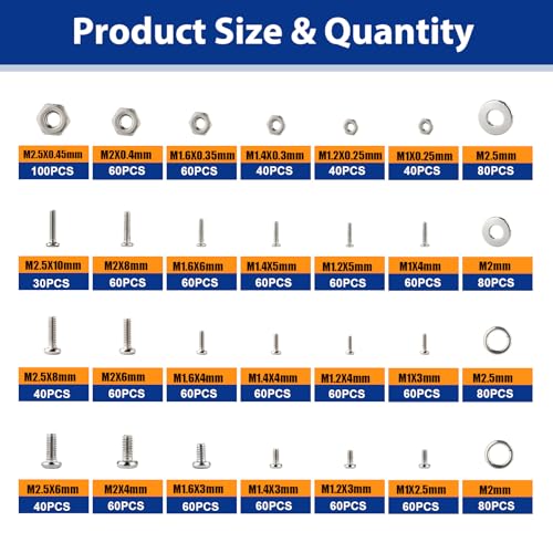 1670Pcs 304 Stainless Steel Metric Micro Screws Nuts Assortment Kit, M1 M1.2 M1.4 M1.6 M2 M2.5 Sizes, Phillips Pan Head Small Machine Screws for Arduino, Electronics, RC Models, DIY Projects