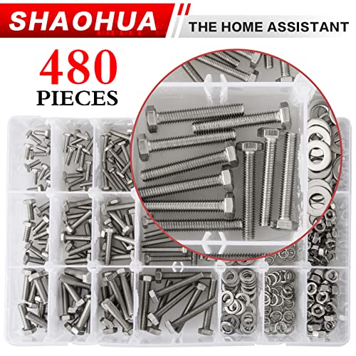 480PCS Metric Hex Head Bolt Assortment, M4 M5 M6 Machine Screw Assortment Kit, A2-70 304 Stainless Steel Hex Bolts and Nuts Kit, Assorted Nuts and Bolts Assortment Kit, Flat & Spring Lock Washers - size: G. M4 M5 M6