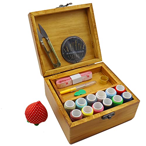 Flytreal Sewing Kit Small Box Basket, Wooden Hand Home Sewing Repair Tool Kit, Beginner Universal Sew Kit Accessories for Women, Men, Adults, Girls, Kids - color: Small Yellow