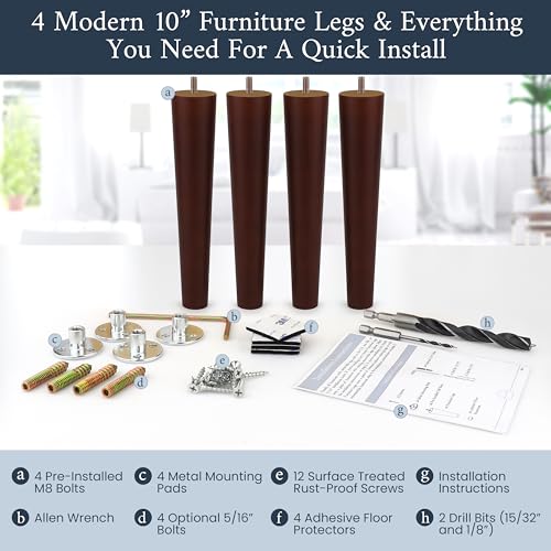 Airy Abode Premium Walnut Wood Furniture Legs (Full Install Kit) - Pick Your Size and Color - color: Brown, size: 10 Inches