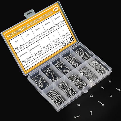 565 Pieces M2 Screws Nuts Washers Set, Sutemribor M2 x 4/6/8/10/12/16/20mm Hex Socket Head Cap Screws Nuts Washers Assortment Kit, 304 Stainless Steel, Fully Threaded - size: M2, style: Socket Head