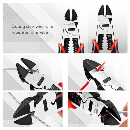 HAUTMEC 8" Diagonal Cutting Pliers, 4 in 1 Multifunction Side Cutters Pliers with Pro-High Leverage, CRV Steel Heavy Duty Wire Diagonal Cutters for Electricians, Mechanics & DIY, HT0272-PL - color: 8" Diagonal Pliers