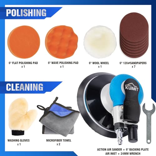 6" Air Sander Kit - Garage-Ready Dual Action Tool, Car Detailing & Woodworking Hero | Palm-Sized Power w/Free Tool Kits - color: Black, size: 6 inch