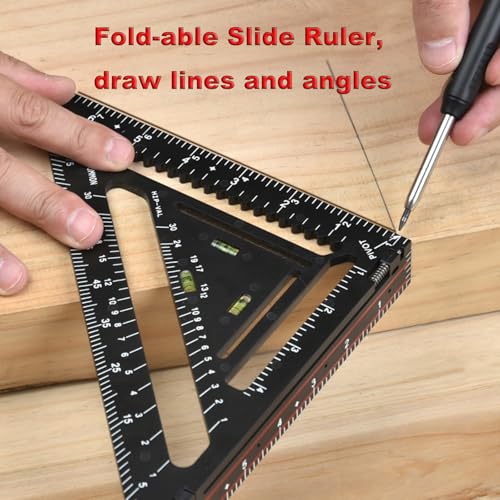 Foldable Carpenter Square 7 inch Angle T-Ruler Multi-Purpose Carpenter Tools, Rafter Square, Protractor, Ruler, Marking Gauge, Drill Gauge, Include Woodworking Pencil (Black-no jig) - color: Black-no jig