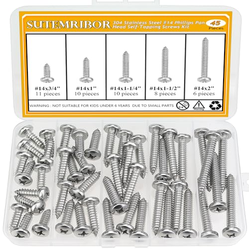 45 Pieces #14 x 3/4" 1" 1-1/4" 1-1/2" 2" Wood Screws Set, Phillips Pan Head #14 Self-Tapping Screws Assortment Kit, 304 Stainless Steel - size: #14, style: Phillips Pan Head