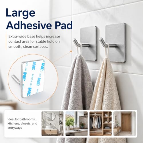 4 Pack 304 Stainless Steel Adhesive Wall Hooks, No Drill Hangers