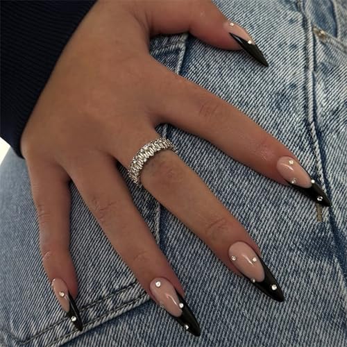 SINHOT Stiletto Press on Nails - Long Fake Nails, Glossy Finish, 3D Rhinestones & Black French Tip, DIY Artificial False Nail Art - 24 Pcs Nail Kit with Glue