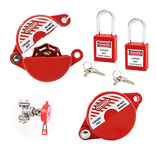 Gate Valve Lockout and Safety Padlock, 2Sets, Hose Bib Lock for Outdoor Faucet Knob/Water Spigot/Propane Tank, 1 to 2-1/2 in Dia Valve Handles, Plastic Red Secure Locks Device for Outside Garden Valve - size: 2 Pack with Padlock