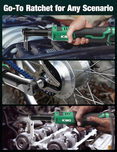KIMO Extended Cordless Ratchet Wrench 3/8" Set, 400RPM 40Ft-Lbs 4-Inch Long Neck Electric Ratchet Wrench w/Variable Speed, 7 Sockets & 1/4" Adapter, 12V Power Ratchet Wrenches w/ 2x2.0 Ah Batteries - color: Midnight Green