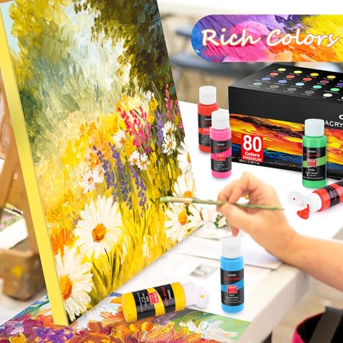 Caliart 80 Colors Acrylic Paint Set with 12 Brushes - color: Regular, size: 2 Fl Oz (Pack of 80)