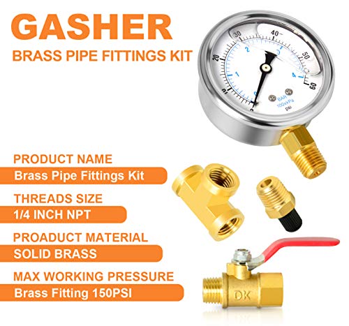 GASHER 10PCS Pipe Fitting Kit, Brass, 1/4" - 1/8" & 3/8" - 1/4" Fittings, T Fitting, Ball Valve, Pressure Gauge 0-60PSI - style: Pressure Gauge Kit（10Pcs）