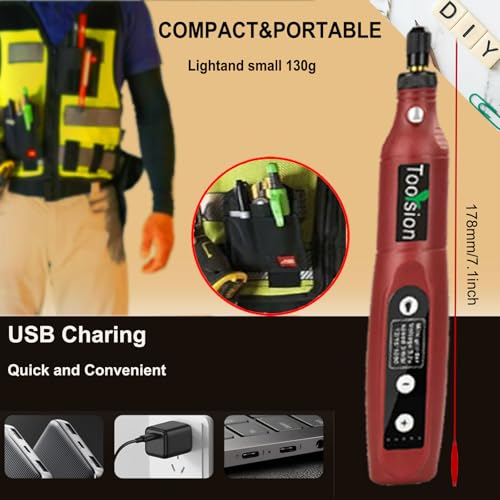 Mini Cordless Rotary Tool,45 PCS Accessories and USB C Charging and 3.7V 2.0Ah rechargeable battery pack rotary tool kit,5-speed for sanding,engraving,polishing,cutting, Diy Crafts（red）