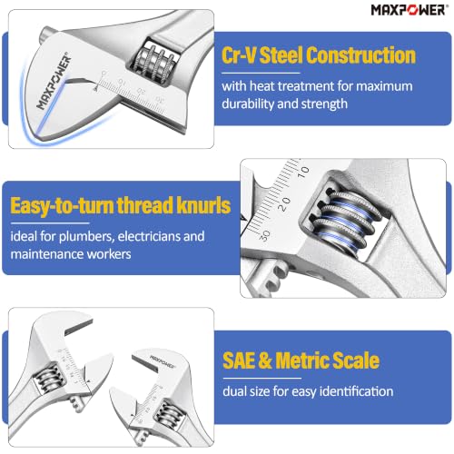 MAXPOWER 4-Pc Adjustable Wrench 6" 8" 10" 12", Jaw 0.87" 0.98" 1.18" 1.5" | Multi-purpose Adjustable Spanner, Smooth Parallel Jaw, Non-Slip Comfort Grip - size: 6" 8" 10" 12"