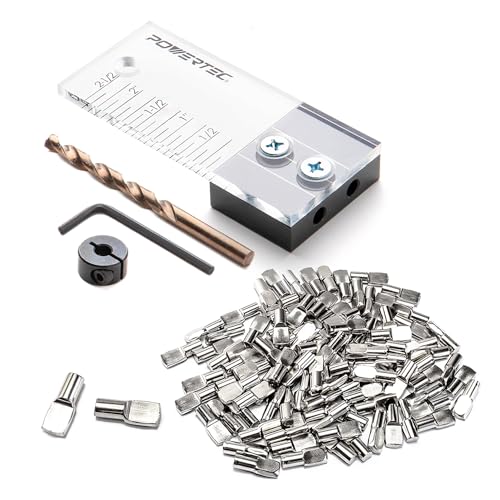 POWERTEC 72065 1/4" Dowel Drilling Jig & 100pk 1/4" Shelf Peg Set with Laser Cut Alignment Marker with Depth Scale, Cobalt Drill Bit, Split Ring Stop Collar & Spoon Shaped Shelf Pins Support Pegs - style: 1/4" Dowel Drilling Jig Set w/Pegs (100PK)