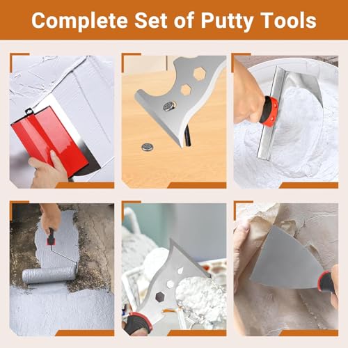 DEKEones Drywall Skimming Tools Set with 10”24”32” Skimming Blades, a Paint Roller, a Extension Pole and 3 Kinds of Putty Knife Tools for Smoothing Wall and Ceiling