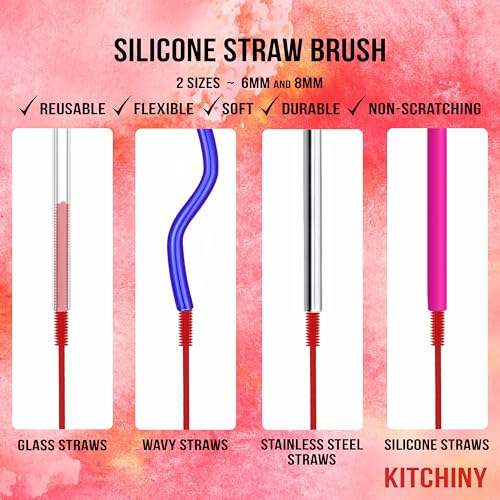 Kitchiny Silicone Bottle Brush 12.5 inch with 2 Straw Cleaners – Red | Bottle Cleaner Brush for Yeti, Hydro Flask, Owala, Stanley, Baby Bottles, Vases & Narrow Neck Containers - color: Red
