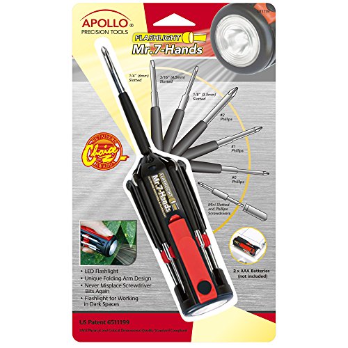 Apollo Tools Original Mr. 7-Hands, Multi Screwdriver Hand Tool, All In One Patented Screwdriver, 8 Screwdrivers in 1 Tool with Worklight and Flashlight - Red - DT1719