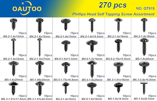270pcs Automotive Body Screw Phillips Head Self Tapping Screw Washer Head Screws Assortment Kit #8#10#12#14