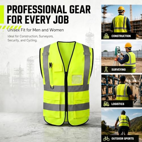 High Visibility Safety Vest with Reflective Strips & Pockets - color: Green, size: Large