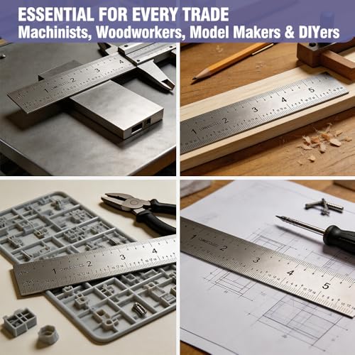 6 Inch Machinist Ruler Set - 2 Pack Stainless Steel Precision Double Sided Ruler with 1/64, 1/32, 1/16 & 1/8 Inch Graduations, Etched Markings - for Engineers,Woodworking and DIY (2, 6 Inch) - size: 6 Inch