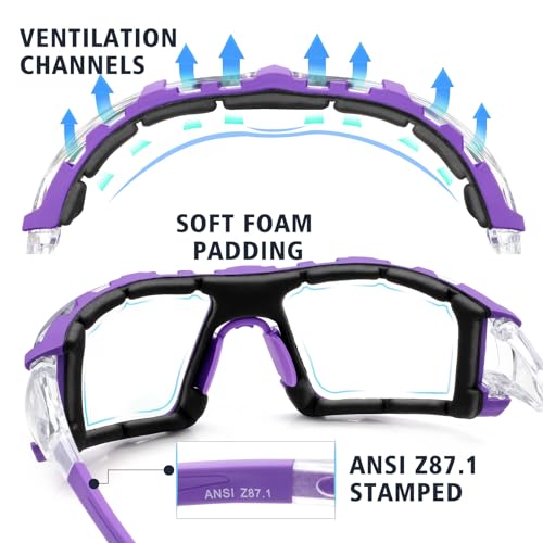 UKNOW Safety Glasses - Anti Fog Wraparound Lenses - Removable Foam Gasket - ANSI Z87.1 Protective Eyewear - Impact Resistant - color: Purple