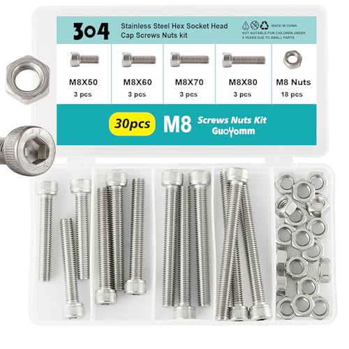 30PCS M8 x 50mm 60mm 70mm 80mm, Hex Socket Head Cap Screws Bolts Nuts Kit, Stainless Steel 304, Metric Allen Drive, Fully Threaded - size: Socket M8x50/60/70/80mm
