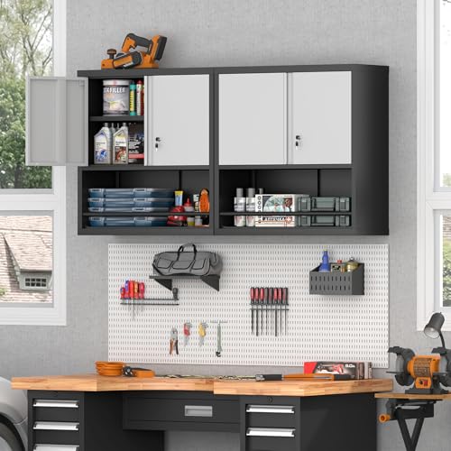 Garage Locking Cabinet, Wall Storage Cabinet with Shelves, Hanging Cabinets with Open Storage, Small Wall Cabinet, Lockable Tool Cabinet for Basement, School, Office - color: 31"h - Grey/Black